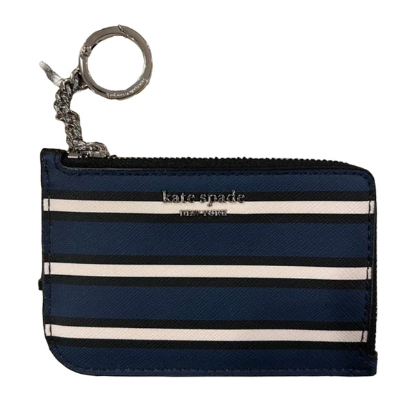 NWT Kate Spade Navy/Cream Stripe Leather Cameron York Medium L-Zip Wallet - Picture 2 of 10